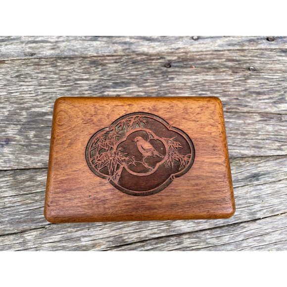 Vintage Small Walnut Wood Jewelry Box Carved Bird on Branch - Picture 2 of 11